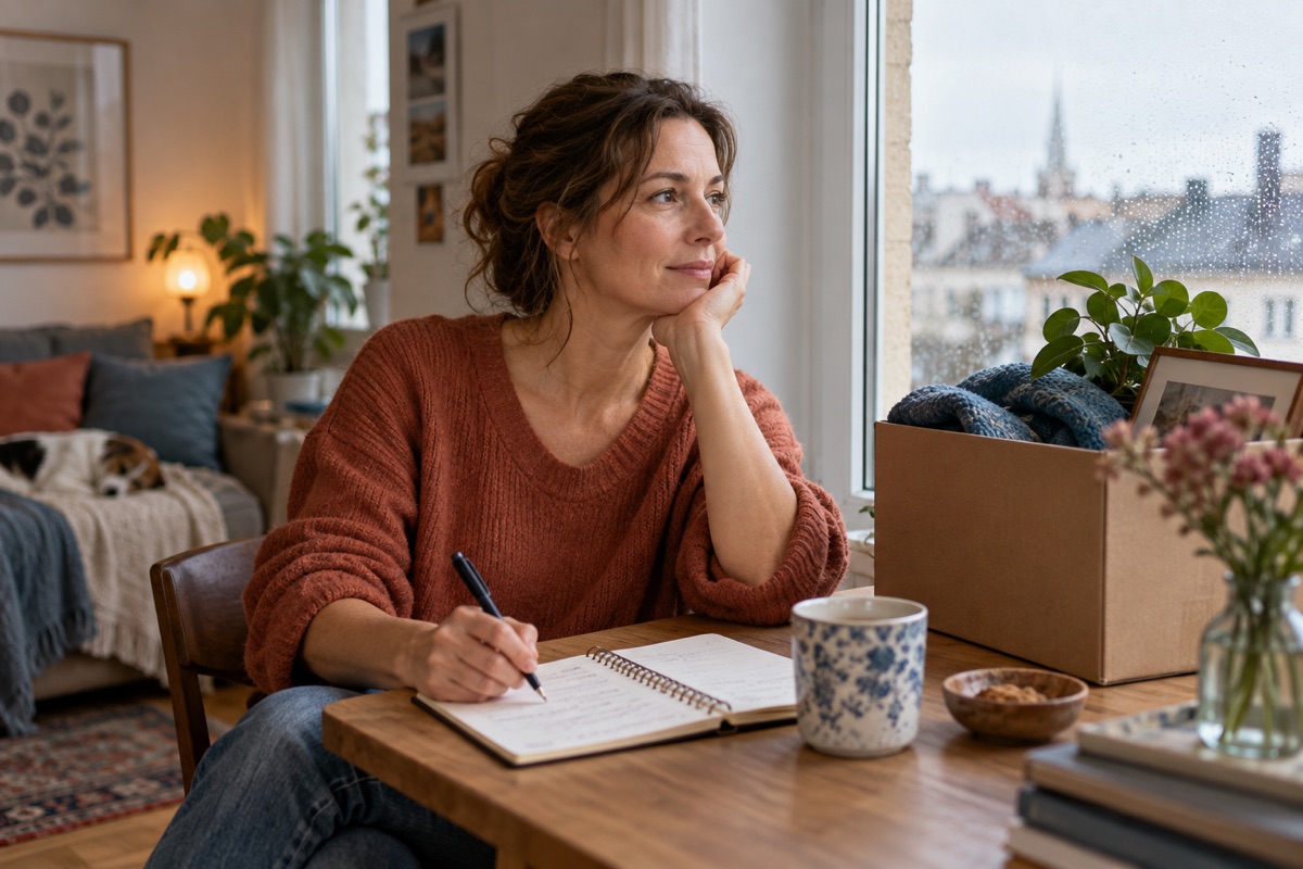 Eine Frau sitzt nach einer Trennung mit einem Notizbuch am Fenster und plant ihre nächste Woche